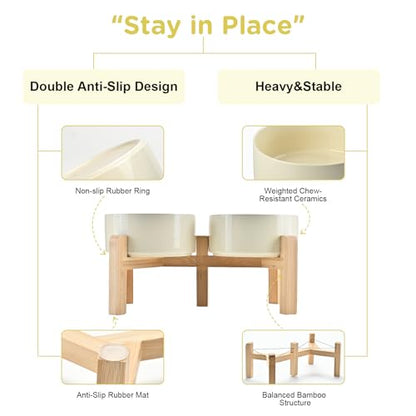 SPUNKYJUNKY Elevated Dog Bowls Ceramic, 6.1'' Dogs and Cat Food Water Bowls Raised with Non-Slip Bamboo Stand for Medium Sized Breed Microwave Dishwasher Safe - 28.7 OZ,Beige - color: Beige, size: 6.1 in - 3.6 cups