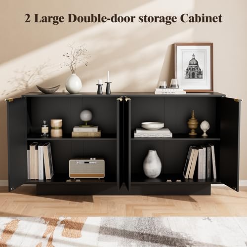 63'' Large Fluted Sideboard Buffet Cabinet, Modern Storage Cabinet with Adjustable Shelf, Console Table Wine Bar Accent Credenza with 4 Doors for Dining Room, Living Room, Hallway(Black) - color: Black
