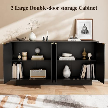 63'' Large Fluted Sideboard Buffet Cabinet, Modern Storage Cabinet with Adjustable Shelf, Console Table Wine Bar Accent Credenza with 4 Doors for Dining Room, Living Room, Hallway(Black) - color: Black