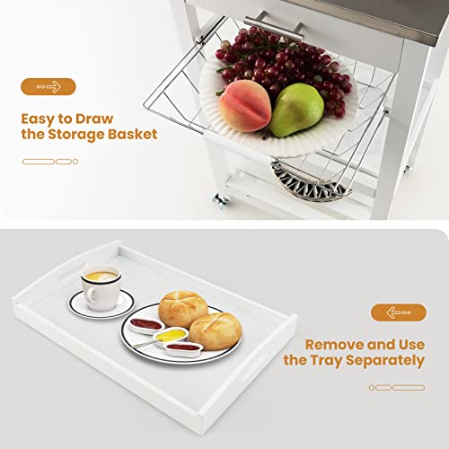 Giantex Kitchen Island Cart, Rolling Kitchen Storage Cart with Stainless Steel Tabletop, Drawer, Basket and Shelf, Utility Service Cart on Wheels for Restaurant Hotel