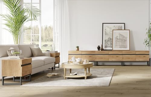 WAMPAT Modern End Table with 2 Drawers, Farmhouse Sofa Table with Black Square Iron Leg, Wood Rustic Side Table for Living Room, Nightstand for Bedroom, Oak, 17.7''L x 15.5''W x 19.8''H - color: Oak