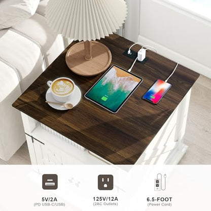 MUUEGM NightStand with Charging Station, Farmhouse Night Stands with 2 Drawers and Adjustable Storage Shelf for Living Room, Bedroom, End Table with Solid Wood Legs - color: White