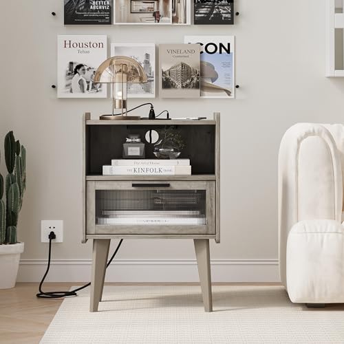MMEOLUOOK Nightstand with Charging Station, Bedside Tables Oak Grey End Table Side Table with 2 Tiers Storage Space, for Bedroom Living Room MLBZ07GE - color: Oak Gray