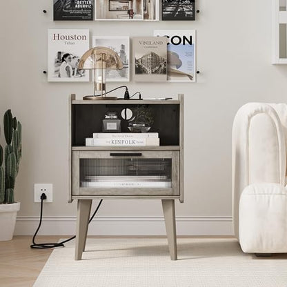 MMEOLUOOK Nightstand with Charging Station, Bedside Tables Oak Grey End Table Side Table with 2 Tiers Storage Space, for Bedroom Living Room MLBZ07GE - color: Oak Gray