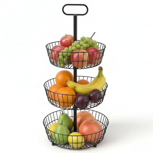 HOSY 3-Tier Metal Round Standing Fruit Basket with Handle, Vegetables Stand | Black, Metal Material, 28.5" Height, 13.5" Diameter, Tool-Free Assembly, for Kitchen Countertop, Dining Table, Party Buffet
