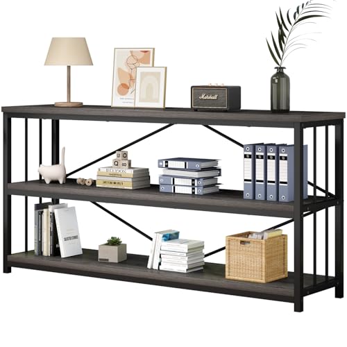 IBF Wood Metal Book Shelf, Industrial Low 3 Tier Bookshelf Gray 63 Inch | Farmhouse Long Wide Vintage Horizontal Bookcase, Modern Rustic Bookcase Large Open Etagere in Home Office Living Room Bedroom - color: Dark Gray Oak, size: 63 Inch