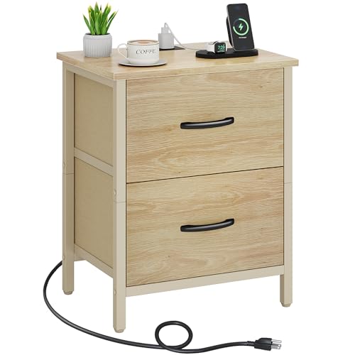 Vagusicc Nightstand with Charging Station, Bedside Table with USB Ports and Outlet, End Table Side Table with 2 Fabric Drawers for Bedroom, Living Room, Natural - color: Natural (1 Pack)