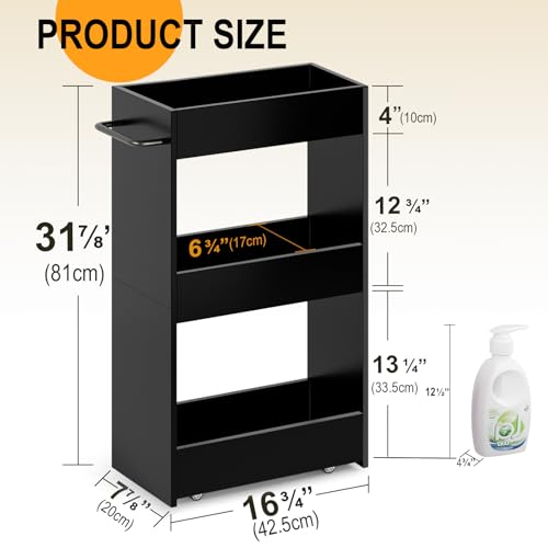 MARTY Slim Rolling Storage Cart 7.9" W Laundry Cart with Wheels,Wood, Black | Narrow Utility Cart Between Washer and Dryer, 3 Tier Mobile Shelving Unit for Kitchen, Laundry, Bathroom, Office, Living Room - color: Black