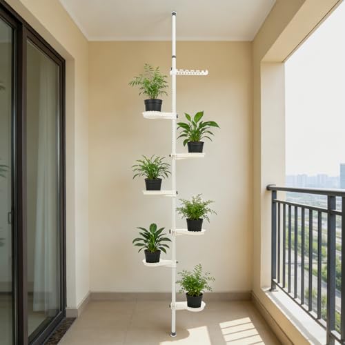 Plant Stand Indoor, 6-Tier Tension Rod Hanging Plant Stand Adjustable Flower Display Rack with 6 Trays Space Saver Corner Plant Poles Floral Pot Hanger Shelf for Displaying Flowers and Potted