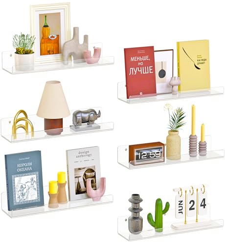 Dooiclear 6 Pack Floating Shelves for Wall, 15" Clear Floating Wall Shelf | Acrylic Book Shelf, Display Shelves Organizer for Bathroom, Classroom, Bedroom, Living Room, Kitchen, Room Decor - size: 6 Pack