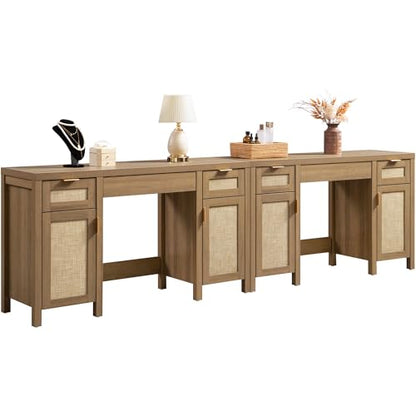 SICOTAS 52" Rattan Vanity Home Office Desk Vanity Table with 3 Drawers | 2 Pieces Farmhouse Boho Makeup Vanity Dressing Table with Large Storage, Vanities Desk for Makeup Room, Bedroom, Office - size: 2 Pieces, style: Reclaimed Caramel Oak