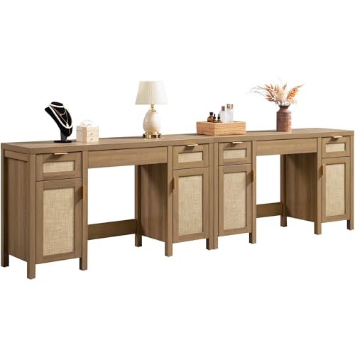 SICOTAS 52" Rattan Vanity Home Office Desk Vanity Table with 3 Drawers | 2 Pieces Farmhouse Boho Makeup Vanity Dressing Table with Large Storage, Vanities Desk for Makeup Room, Bedroom, Office - size: 2 Pieces, style: Reclaimed Caramel Oak