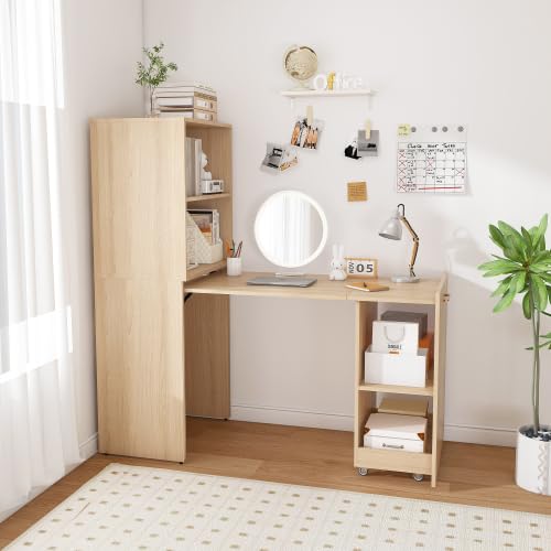 Foldable Desks for Small Spaces, Wood Murphy Desk with Storage Shelves, Folding Out Desk with Wheels, Space Saving Compact Computer Table, Hidden Desk for Apartment Bedroom Dorm Room (Natural Wood) - color: Natural Wood
