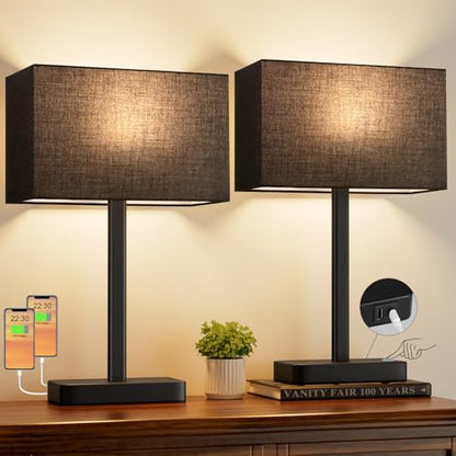 Hong-in Touch Lamps for Bedroom - 3-Way Dimmable Bedside Lamps Set of 2 with USB C+A, Black Modern Table Lamp for Night Stands, Desk Lamp for Living Room Nightstand End Tables Bed Side - color: F. Black&Black