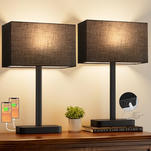 Hong-in Touch Lamps for Bedroom - 3-Way Dimmable Bedside Lamps Set of 2 with USB C+A, Black Modern Table Lamp for Night Stands, Desk Lamp for Living Room Nightstand End Tables Bed Side - color: F. Black&Black