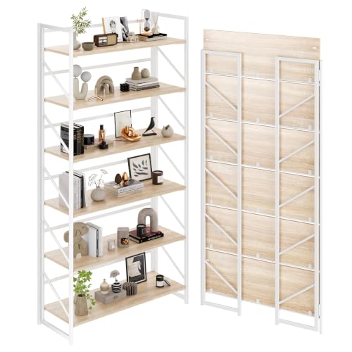 JSB 6 Tier No Assembly Folding Bookshelf, 30.7" Wide Foldable Storage Bookcase for Home Office, Space-Saving Storage Shelf for Living Room (White) - color: White, size: Wide Flat Tube 6-Tier