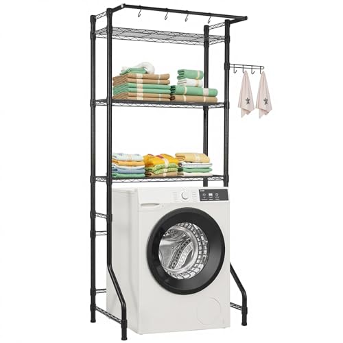 VEVOR Over The Washer and Dryer Storage Shelf, 3 Tier Laundry Room Drying Rack with Hanger Rod and Hooks, Adjustable Over Washer and Dryer Shelves, Laundry Room Shelf Storage Space Saver, Black - color: Black, size: 3-tier