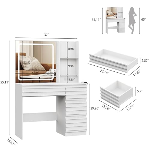 Makeup Vanity Desk with Lights, Fluted Vanity with 4 Drawers, Open Shelves, Power Outlet, LED Lighted Mirror, 3 Lighting Modes & Brightness Adjustable, Wood Dressing Table for Bedroom,White - color: White