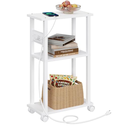 TUTOTAK Small Narrow Side Table with Charging Station, Skinny End Table for Small Spaces, Slim Nightstand with USB Ports and Outlet, Sofa Beside Table with Wheels, White TB01BW046 - color: White, size: 1 PC, style: With Plug