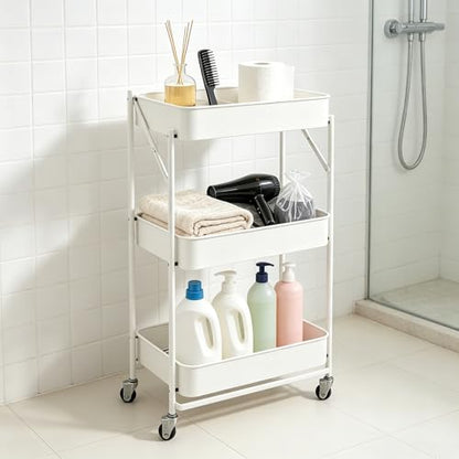 3-Tier Metal Foldable Rolling Cart with Wheels, Heavy Duty No Assembly Required, Space Saving Multi-Purpose Utility Trolley for Kitchen Bathroom Office Dorm Living Room Balcony (White, Handheld) - color: White