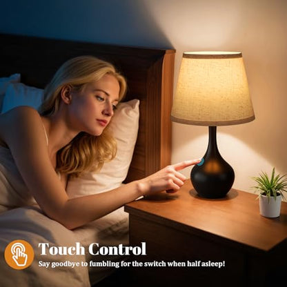 Seealle Touch Table Lamps for Bedroom Set of 2,3-Way Dimmable Small Bedside Lamps for Night Stands with Wires, Black Desk Lamps for Kids Room,Office,Living Room, End Table(LED Bulbs Included) - color: B. Beige Shade & Black Base Set 2