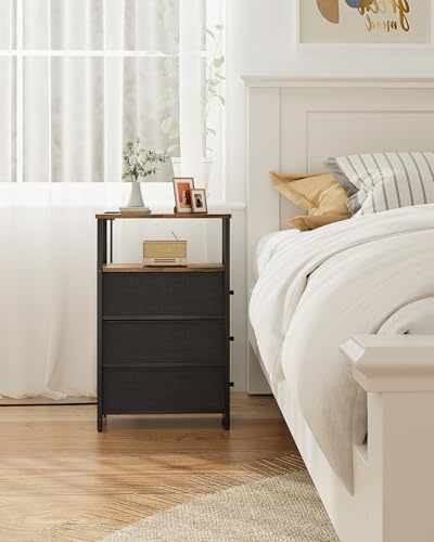 TUTOTAK Narrow Night Stand with Charging Station, Slim End Table | Tall Side Table with 3 Fabric Drawer, Small Bedside Table with Storage, Living Room, Bedroom, Brown TB01BB086 - color: Brown, size: 1 Pack (3 Drawers), style: With Plug