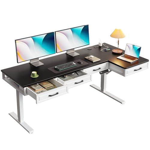 OffiGo L Shaped Electric Standing Desk with Wooden Drawers, 63 Inch Height Adjustable Corner Workstation with Power Outlets, Sit Stand Table for Home, Office, White+Black - color: White+black, size: 63 Inch