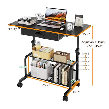 Adjustable Height Small Computer Desk with Drawers, Portable Rolling Desk for Seated Use, 32" Laptop Desk for Home Office Bedroom Living Room, Black