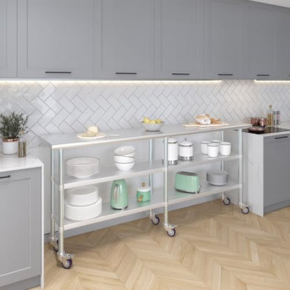 AmGood Stainless Steel Work Table with 2 Shelves and Casters | Metal Utility Table On Wheels (Stainless Steel Work Table with 2 Shelves + Casters, 84" Long x 18" Deep) - size: 84" Long x 18" Deep