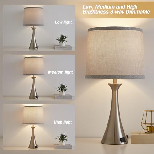 Touch Lamp for Living Room Bedroom, 21" Table Lamps Set of 2 with USB C+A Ports and Grey Lamp Shades, Touch Bedside Lamps for Nightstand with 3 Way Dimmable, 2 LED Bulbs Included, Silver - color: Silver 2pcs
