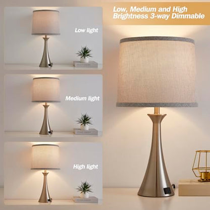 Touch Lamp for Living Room Bedroom, 21" Table Lamps Set of 2 with USB C+A Ports and Grey Lamp Shades, Touch Bedside Lamps for Nightstand with 3 Way Dimmable, 2 LED Bulbs Included, Silver - color: Silver 2pcs