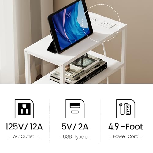 TUTOTAK Keep Phones Charged & Books Organized with Slim 3-Tier Side Table with Charging Station for Living Room Bedroom White TB01BW095 - color: White