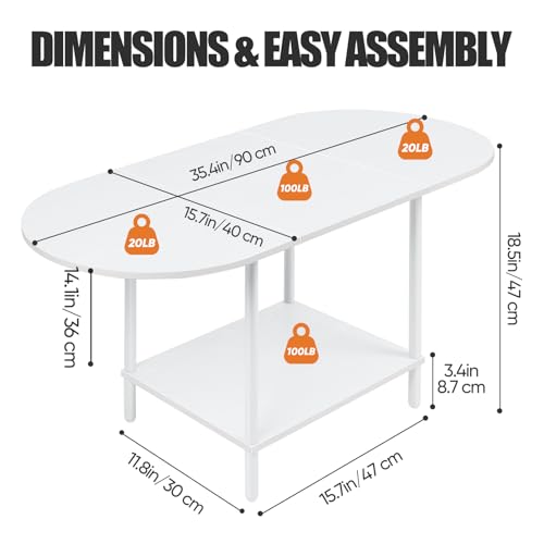 White Coffee Tables for Living Room,Mid Century Oval Center Table with Storage Shelf and Wood Tabletop,2-Tier Modern Narrow Cocktail Tea Table for Small Space,Small Apartment - color: White