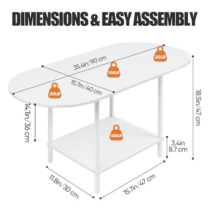 White Coffee Tables for Living Room,Mid Century Oval Center Table with Storage Shelf and Wood Tabletop,2-Tier Modern Narrow Cocktail Tea Table for Small Space,Small Apartment - color: White
