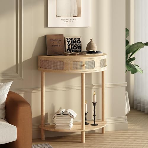 Wnutrees Rattan Half Moon Console Table, Modern Entryway Table with Drawer, Boho Sofa Table with Bottom Storage Shelf, Small Semicircular Tables for Hallway, Living Room, Natural - color: Natural