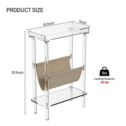 Eglaf Acrylic Narrow Side Table for Small Spaces - Slim End Table | Skinny Side Table with Magazine Holder, Small Bedside Table Nightstand for Living Room Bedroom, 15.7” L x 7” W x 23.9” H