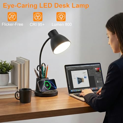 Desk Lamp for Home Office, 10W Wireless Charging, Eye-Caring LED Desk Light, CRI 95+ 3 Color Modes Stepless Dimming Pen Holder, 360° Flexible Arm Desk Lamps for College Dorm, Adapter Included