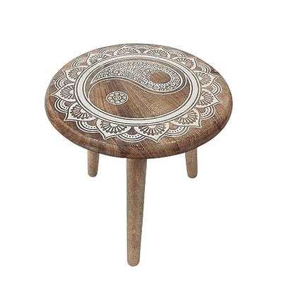 VANIYA CRAFTS® Wooden Engraved Fold-able Side Table/End Table/Plant Stand/Stool for Living Room Bedroom Restaurant Kids Play Furniture Table Round Shape (Natural White) - color: Natural White