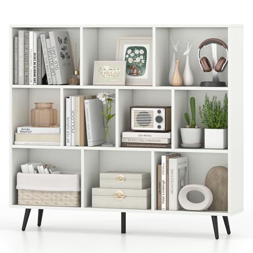 GIANTEX 10-Cube Bookcase, 3-Tier Modern Bookshelf with 5 Metal Legs, 47" Freestanding Open Storage Organizer with 2 Anti-tip Devices, Mid-Century Display Rack for Living Room (47" x 9.5" x 42") - size: 47" x 9.5" x 42"