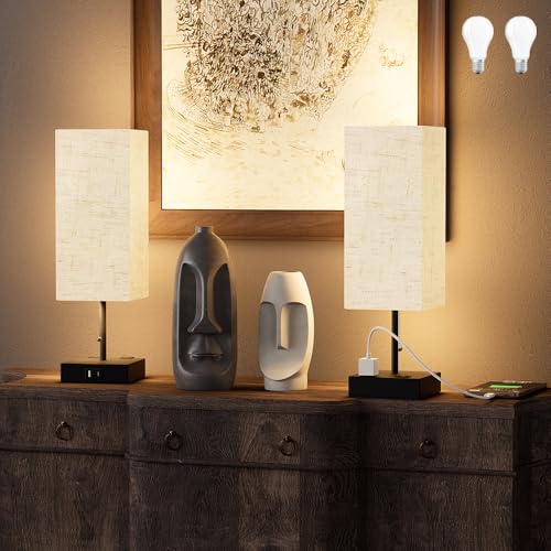 YIDPU Table Lamp for Bedroom with USB,Bedside Lamp with USB C+A Charging Ports,Adjustable 3color LED Light for Home Decor/Nightstand/Office,Included Bulb and Fabric Lamp Shade (Linen White, 2PCS) - color: Linen White, size: 2PCS
