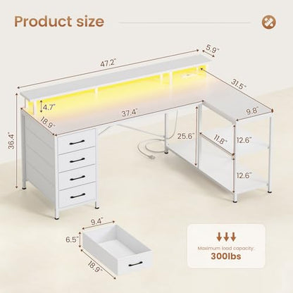 SEDETA L Shaped Gaming Desk with 4 Drawers, Shelves, Power Outlets, White | L Shaped Desk with LED Lights , Computer Desk with Shelves & Drawer, Corner Desk Home Office Desk - color: White