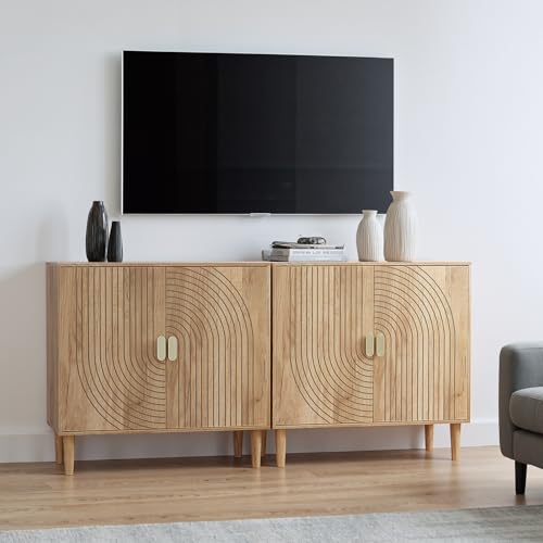 Smuxee Oak Sideboard Cabinet, Freestanding Buffet Cabinet with Line Groove Design, Wood Storage Cabinet with Adjustable Shelf for Living Room, Entryway, Hallway - color: Oak