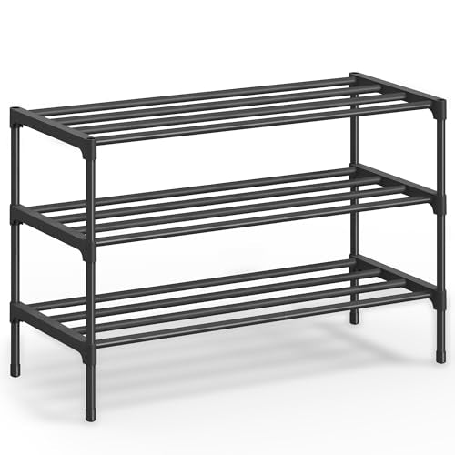 SONGMICS 3-Tier Shoe Rack for Closet, Compact Metal Shoe Organizer Shelf for Entryway, Bedroom, Small Spaces, Stackable, 11.8 x 24.5 x 19.1 Inches, Black ULSA123BH01 - size: 3 Tiers (24.5"W)