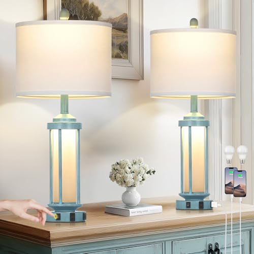 Lolikit 27" Tall Farmhouse Table Lamps for Living Room, Rustic Vintage Table Lamp with USB A+C Charging Ports & AC Outlet, Modern Retro Industrial Nightstand Bedside Lamp for Bedroom Side Table Decor - color: Turquoise