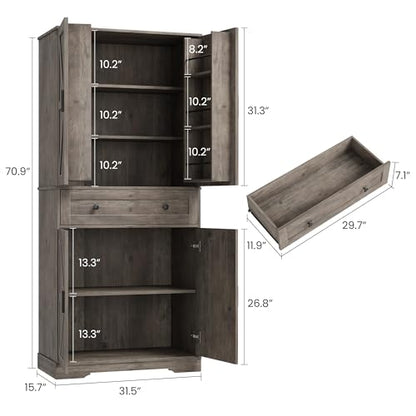 Garvee 71" Kitchen Pantry Cabinet, Barn Door Freestanding Cupboard with Drawer, Sliding Storage Rack, and 6 Hanging Shelves for Kitchen, Dining Room, Living Room Bedroom - color: Grey