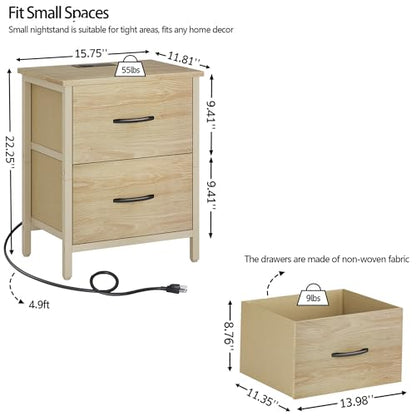 Vagusicc Nightstand with Charging Station, Bedside Table with USB Ports and Outlet, End Table Side Table with 2 Fabric Drawers for Bedroom, Living Room, Natural - color: Natural (1 Pack)