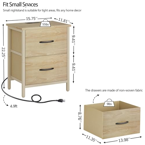 Vagusicc Nightstand Set of 2 with Charging Station, End Table Bedside Table with Power Outlet & USB Ports, Side Table with 2 Fabric Drawers for Bedroom, Living Room, Natural - color: Natural (2 Pack)