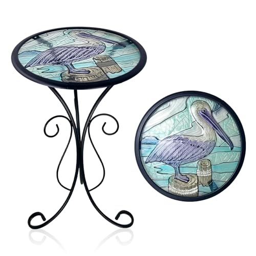 LIFFY Outdoor Side Table, 12" Glass Pelican Tabletop Patio Tables with Metal Frame, 21" Height Indoor Small Round Home Decorative Plant Stand Outside for Garden Patio Yard Porch - color: Pelican-12 Inches