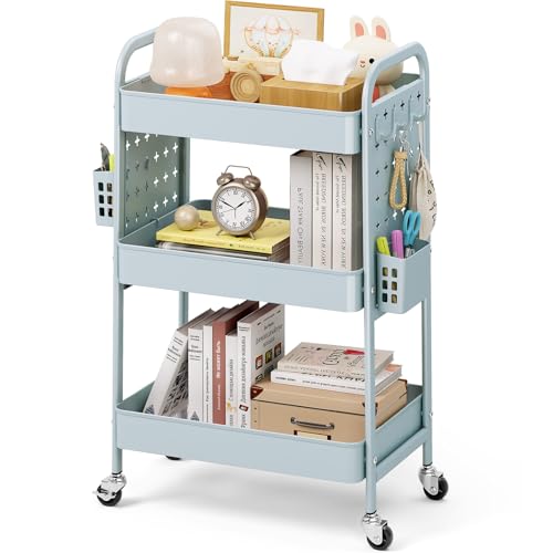 KINGRACK 3 Tier Rolling Cart with DIY Hanging Board, Metal Rolling Utility Cart with Wheels Handles Baskets Hooks, Rolling Storage Cart Suitable for Bathroom, Kitchen, Office, Nursery Diaper (Green) - color: Light Green