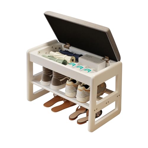 AQIMUELE Shoe Rack Bench,2 Tiers Shoe Bench with Storage with Flip-Top,Wood Shoe Rack for Entryway,Hallway（White Upholstered Seat,11.8" D x 23.62" W x 15.7" H） - color: White Upholstered Seat, size: 11.8"D x 23.62"W x 15.7"H